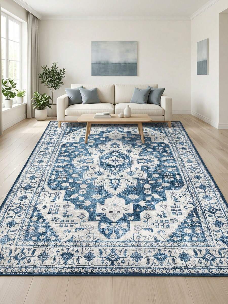 1PC Classic Blue & White Vintage Persian Pattern Bohemian Style Faux Wool Rectangular Area Rug, Distressed Mottled Details, Machine Washable, Suitable For Living Room Bedroom Home Decor, All Season Use, Aesthetic Home Decor - Multicolor - View 1