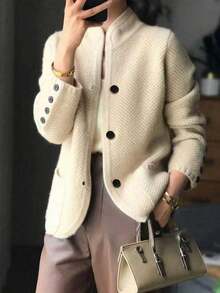 秋冬新款女式優雅寬鬆通勤上衣 羊絨復古針織開襟開襟毛衣外套與時尚女式襯衫 長袖外出上衣 新年女裝 - 杏色 - 查看 8
