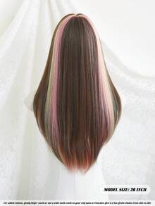 NAMM 26 Inch Brown & Pink Highlight Wig With Bangs Long Layered Straight Hair Wigs ForWomenNatural Looking Synthetic Heat Resistant Fiber Wig For Daily Wear, Hallowmas Party Cosplay Use - Multicolor - View 4