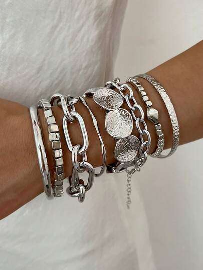Juego de 8/1 pulseras vintage de moda para mujer, estilo casual, con cadena asimétrica, disco redondo martillado y patchwork, apto para uso diario, vacaciones, citas, fiestas, desplazamientos, reuniones, capas, regalo para novia, madre, estilo versátil para todas las estaciones