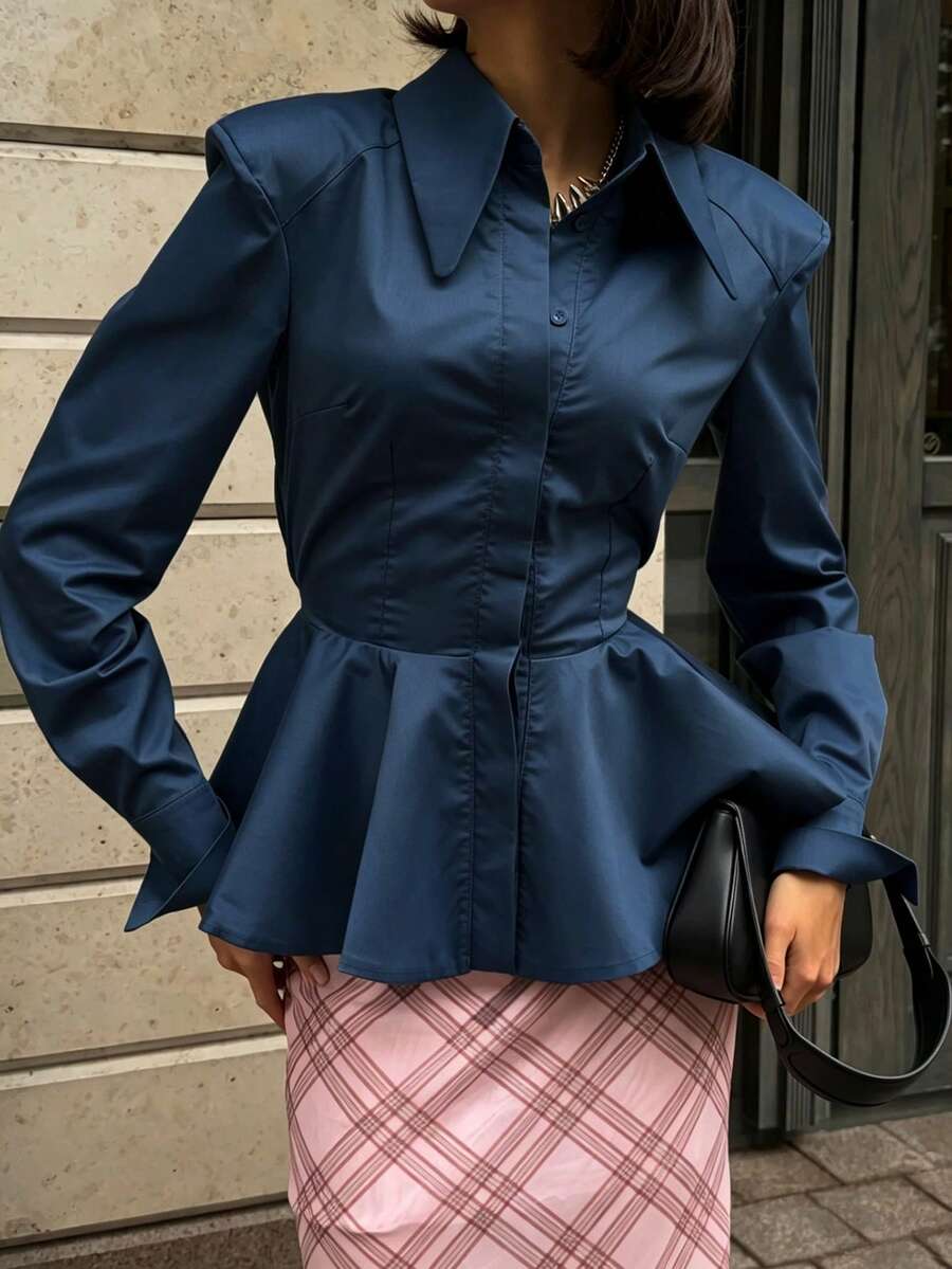 Women's Elegant Commuter Collared Long Sleeve Cinched Waist Ruffle Hem A-Line Blouse (With Shoulder Pads) Solid Color Front Button Closure For Daily Wear And Dating - Blue - View 1