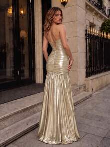 VIPGIRL Glamorous Light Gold Metallic Evening Dress Strapless Tube Top Ruched Drop Waist Mermaid Floor Length Formal Prom Wedding Guest Gala Party Maxi Fall - Gold - View 2
