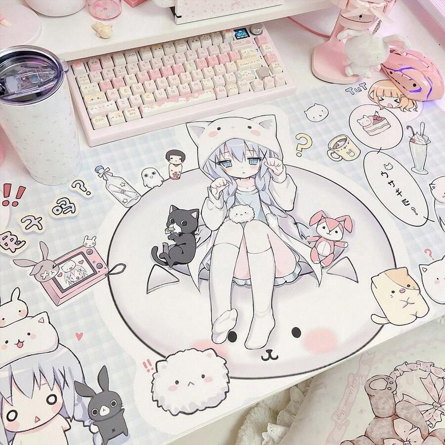 Kawaii Cartoon Cat Ear Girl PU Leather Desk Pad, Cute Anime Large Mouse Mat, Waterproof Non Slip Table Protector, Lovely Desktop Decor For Girls Gaming Workspace - View 1