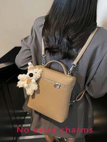 Handbag With Lychee Texture And Silver Metal Hardware Decoration, Dual-Use Hand-Carry And Crossbody, Zipper Closure, Minimalist Commuter Style, Box Handbag, Suitable For Urban Women's Work Commute And Short Trips, Square Structured Shape, Can Store Cosmetics, Phone And Other Personal Items. - Khaki - View 2