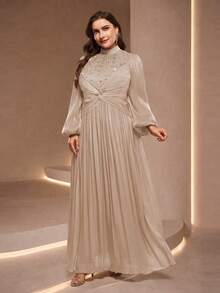 Elegant Plus Size Rhinestone Asymmetrical Long Formal Gown, Stand Collar Bishop Sleeve Design, Perfect Choice For Evening Events Wedding Party Fall - Apricot - View 1