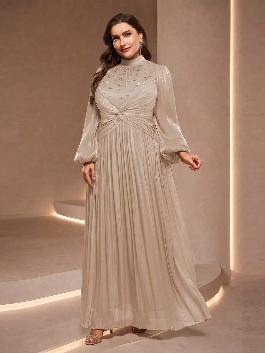 Elegant Plus Size Rhinestone Asymmetrical Long Formal Gown, Stand Collar Bishop Sleeve Design, Perfect Choice For Evening Events Wedding Party Fall - Apricot - View 1