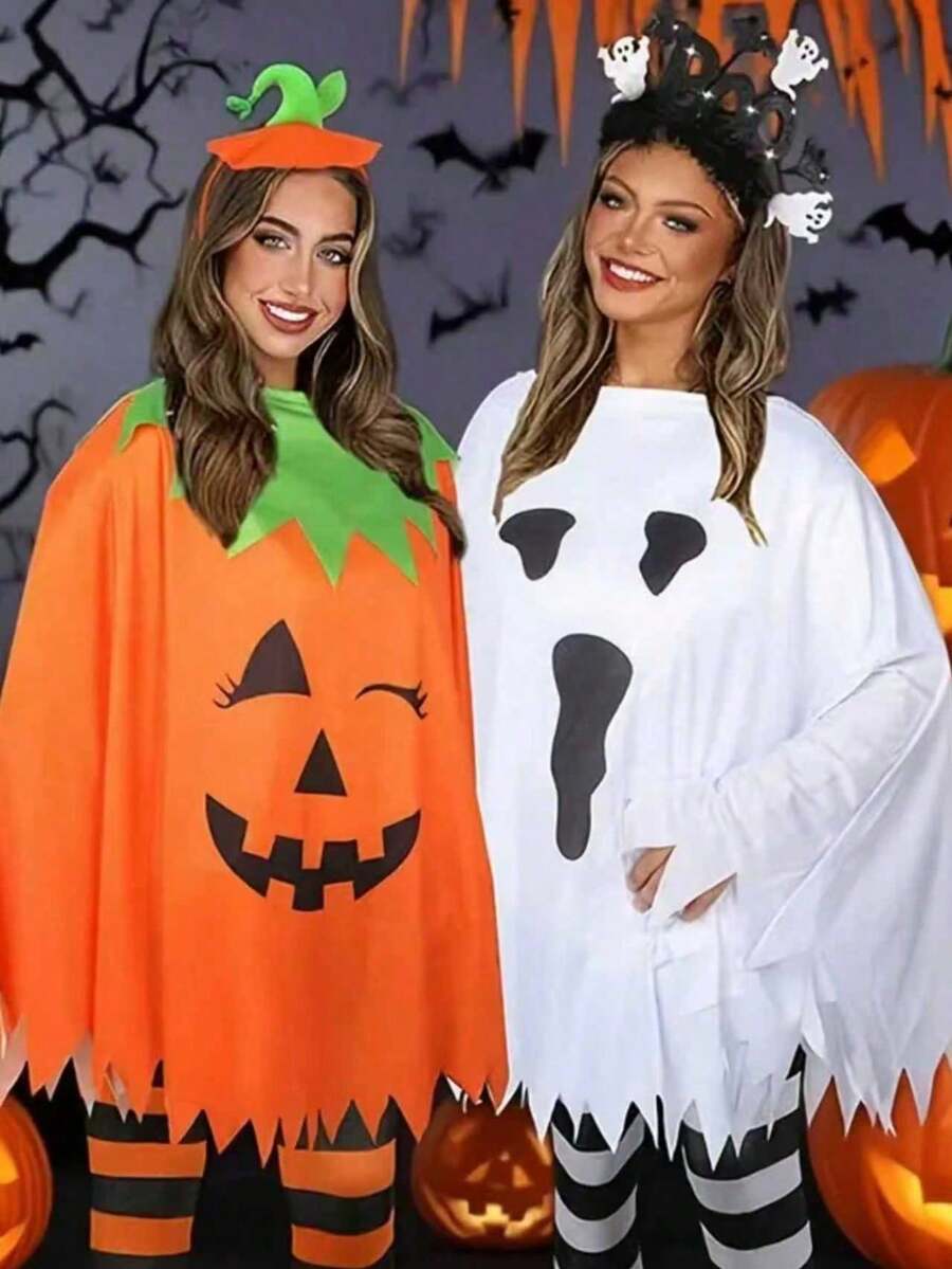 Halloween Costume, Glow-In-Night/Non-Glow-In-Night Adult Pumpkin Cape, Shawl, Pumpkin Hat Set, Cape, School Party Outfit - Multicolor - View 1