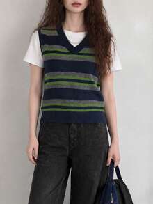Women's Autumn/Winter Minimalist Vintage Striped V-Neck Pullover Vest - Navy Blue - View 1