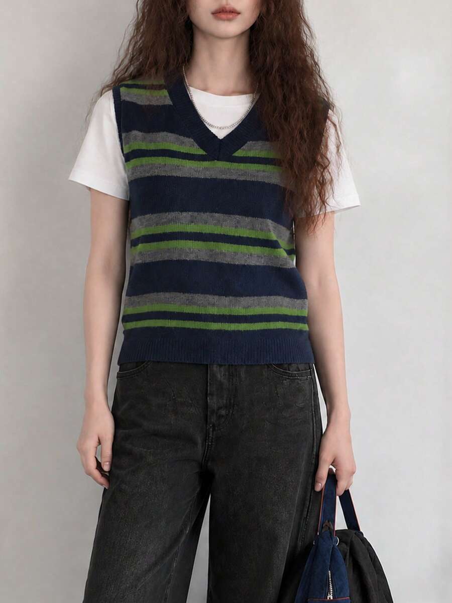 Women's Autumn/Winter Minimalist Vintage Striped V-Neck Pullover Vest - Navy Blue - View 1