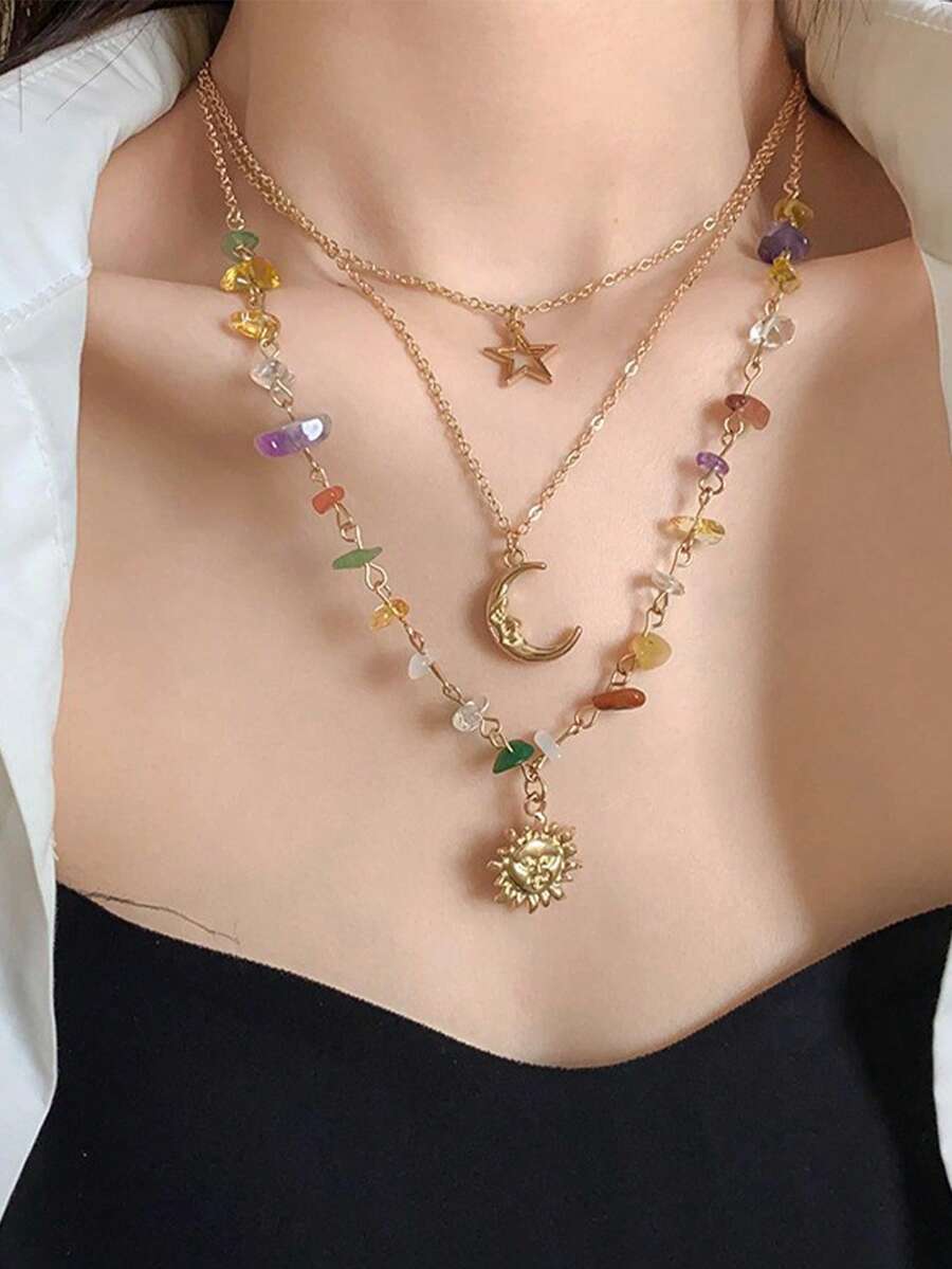 1件復古輕奢太陽流蘇吊墜鎖骨鍊,適合女性日常聚會與度假 - 彩色 - 查看 1