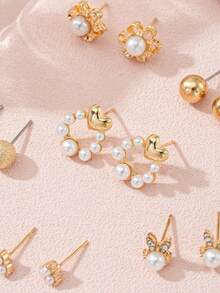 6 Pairs Women's Stud Earrings, Delicate Fashion Rabbit Heart Flower Pattern Combination Earrings, Suitable For Daily Wear, Beach, Vacation, Jewelry Gift For Friends - Yellow Gold - View 4