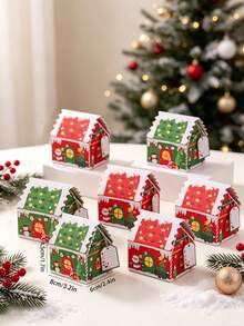 6pcs/24pcs/50pcs/Pack Christmas 3D Christmas House Party Gift Paper Bags Candy Snack Boxes Paper Boxes Decoration Atmosphere Paper Boxes Christmas House Tabletop Small Gifts Includes Rope And Cards - View 3