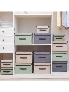 2/1pc Foldable Linen Storage Box With Handle And Lid, Stackable Fabric Storage Bin For Home Organization, Clothes And Toys Storage, For Bedroom Wardrobe, Collapsible For Space-Saving Storage When Not In Use, Breathable Linen Fabric, Dust-Proof, Protects Clothes And Items From Dust, Reinforced Built-In Handle For Easy Pulling And Moving From Shelves, Sturdy Structure, Multiple Boxes Can Be Stacked To Maximize Vertical Space In Wardrobe, Suitable For Storing Clothes, Underwear, Toys, Books And Various Items In Wardrobe And Bedroom - Beige - View 3