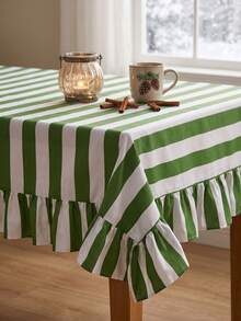 1pc Green And White Classic Wide Striped Tablecloth, Traditional Country Style, Rectangular With Scalloped Edge And Pleated Details, Stain-Resistant Protective Table Cover, Suitable For Christmas, Family Gatherings And Winter Holiday Dining Room Decor - Green - View 6