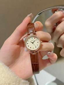 gedi 1pc Women's Leather Strap Watch, Round Colorful Rhinestone Small Dial, Suitable For Daily Wear, Party, Commute, Travel And Everyday Wear - Brown - View 5