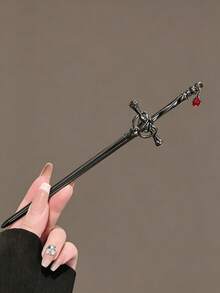 2Pcs Vintage Silver & Black Sword Hair Sticks Set, Red Dangle Cross Hairpins For Women Updo Hairstyle - Multicolor - View 3