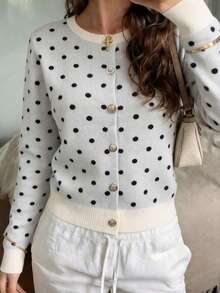 Live To Mo Women Polka Dot Cropped Knit Cardigan Long Sleeve Button Front Fall Back To School Top For Going Out Daily Office Wear - White Background With Black Dots - View 9