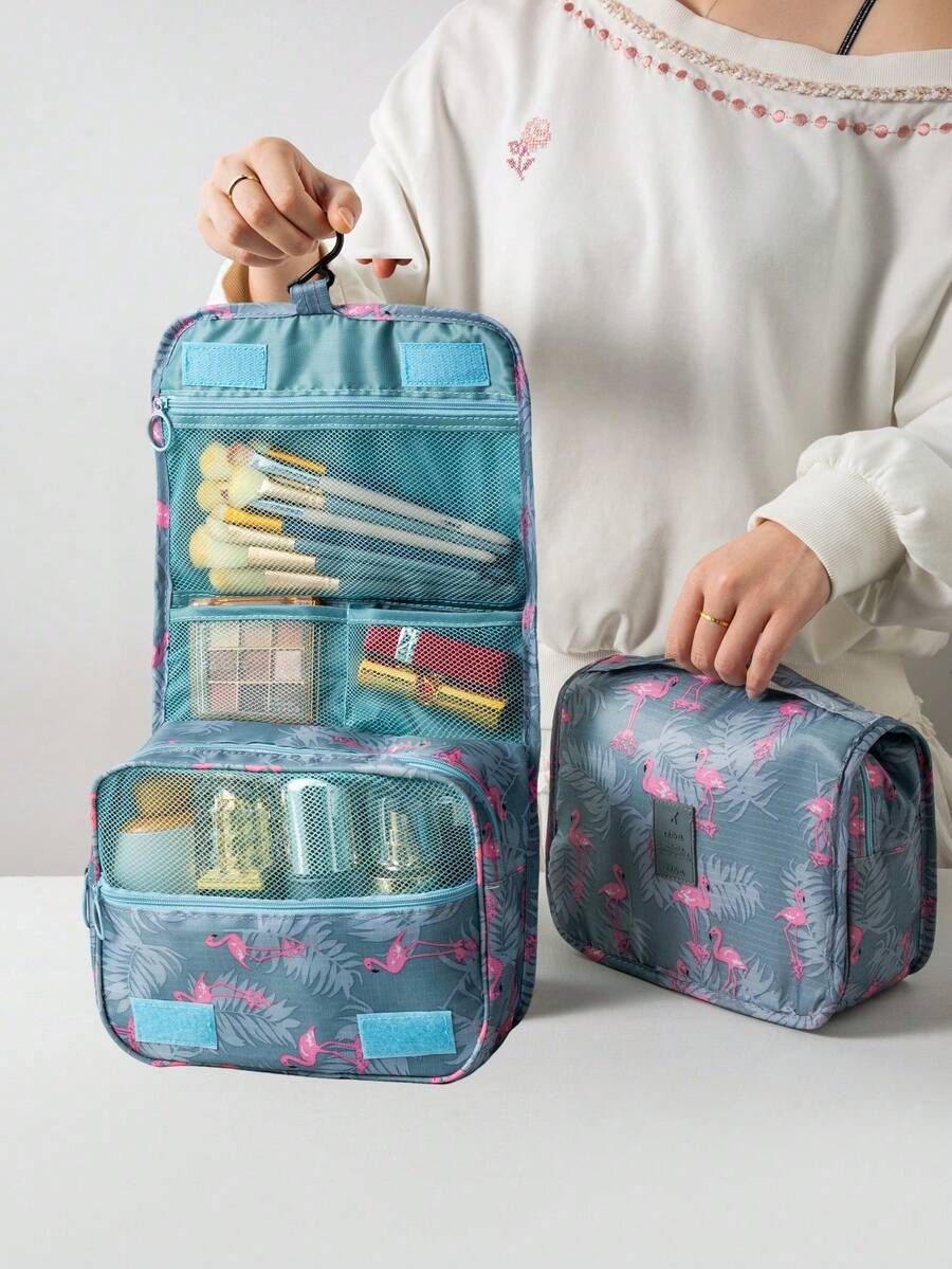 1pc Flamingo Print Hanging Cosmetic Bag - Baby Blue - View 1