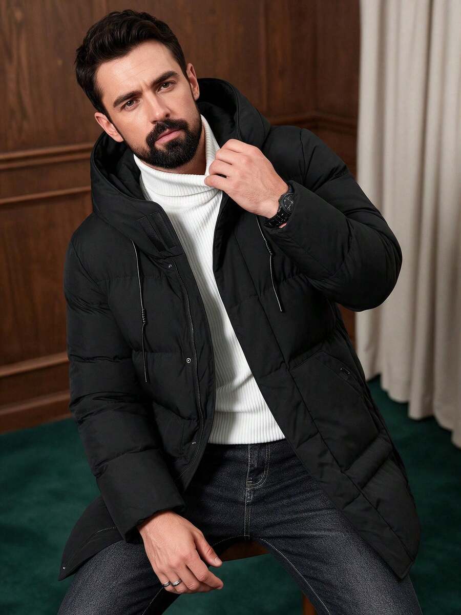 Men's Winter Solid Color Minimalist Hooded Mid-Length Padded Coat - Black - View 1