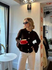 Dark Brown Round Neck Knit Cardigan For Women, Unique Flared Long Sleeve Design, Minimalist White Button Short Slim Fit, Spring/Autumn Gentle Slimming Outerwear Knit Sweater - Coffee Brown - View 4