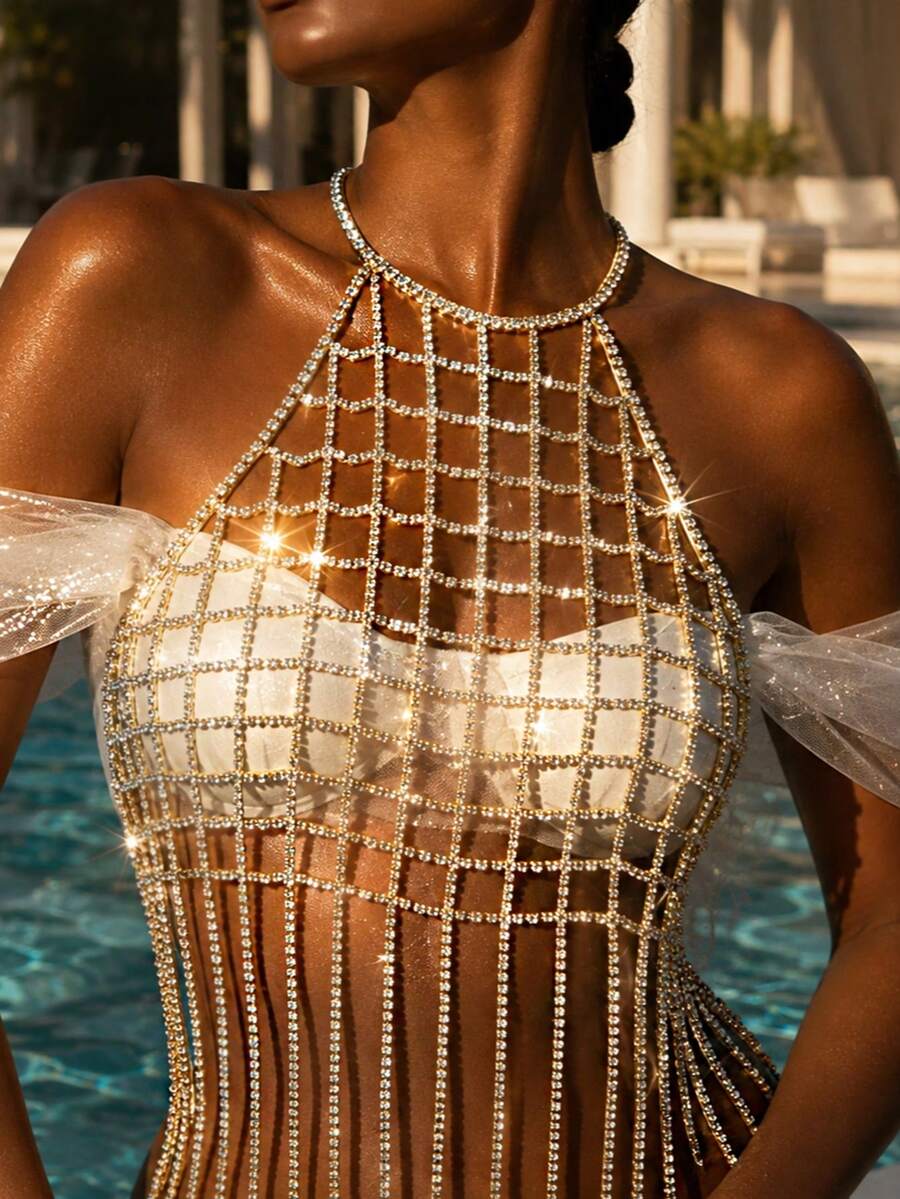 1pc Mesh Rhinestone Tassel Chain Women's Bra Necklace, Sexy Body Chain, Sleeveless Dress Hollow Out Beach Vacation - Gold - View 1