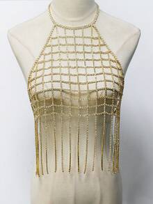 1pc Mesh Rhinestone Tassel Chain Women's Bra Necklace, Sexy Body Chain, Sleeveless Dress Hollow Out Beach Vacation - Gold - View 3