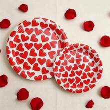Red Heart Print Disposable Paper Plates Set, 24Pcs (12Pcs 9inch +12Pcs 7inch), Valentine's Day Party Tableware, Paper Plates For Wedding, Anniversary, Birthday Party, Picnic & Family Dinner Decor - Multicolor - View 5