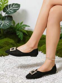 Women's Pointed Toe Flat Shoes, Faux Suede Comfortable Dress Flats, Suitable For Wedding Guests, Non-Slip Soft Sole Office Flats, Suitable For Work, Party, Date - Black - View 2