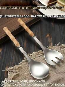 1pc Stainless Steel Salad Mixing Cooking Fish Frog Spoon Commercial Rice Spoon Creative Mini Wooden Handle Serving Fork Spoon - View 1