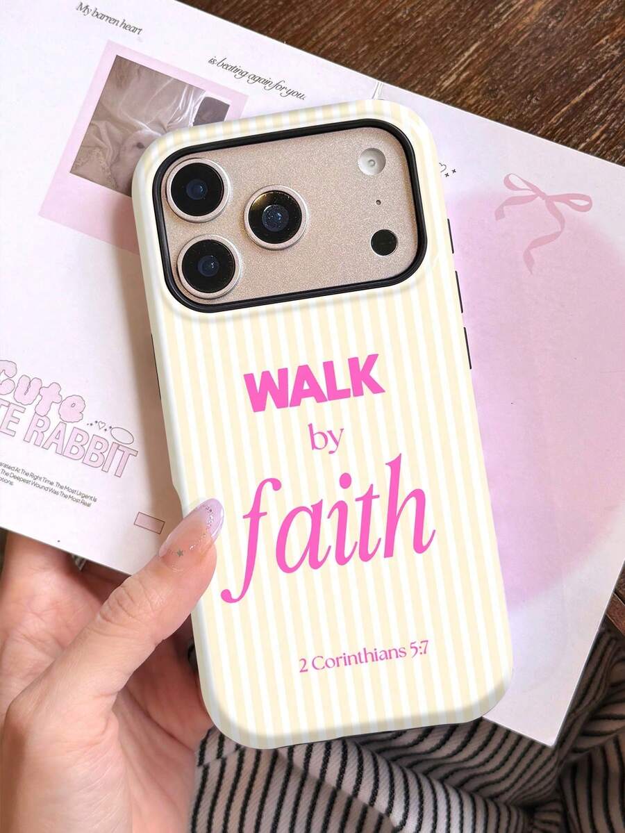 1pc Full Coverage Hard Phone Case, 2-In-1 Glossy Protective Film, Minimalist Style, Vibrant Striped Pattern With Religious Slogan, Compatible With Samsung/11/12/13/14/15/16/17 Pro Max - Multicolor - View 1
