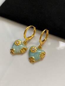 1 Pair Fashion Minimalist Glass Oil Drop Heart-Shaped Earrings, Suitable For Women's Casual And Party Wear - Yellow Gold - View 6