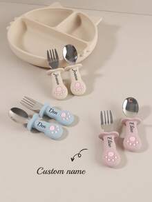 2pcs Custom Name Cat Paw Baby Fork & Spoon Set, Silicone Handle Stainless Steel Toddler Self-Feeding Training Cutlery With Case - Multicolor - View 2