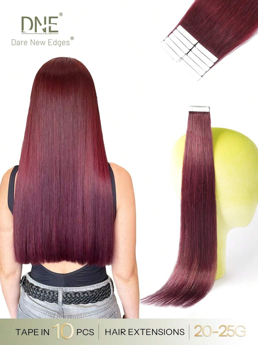 DNE HAIR 10pcs Tape In Hair Extensions 100% Human Hair 99J Wine Red Straight Style In 14-22 Inch Lengths Extensions Silky Seamless Invisible Top Quality Thick Ends Healthy Human Hair Extensions For Thin Hair And Salon Use And For All Women/Girls Daily Use - S99J - View 1