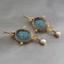 1 Pair Copper Engraved Intaglio Earrings, Vintage, Wedding, Handmade Jewelry - Gold - View 1