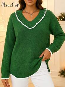 Plus Size Women's Autumn/Winter V-Neck Ruffle Collar Pullover Sweater, Contrast Trim Elegant Knit Top, Suitable For Commute And Date - Dark Green - View 1