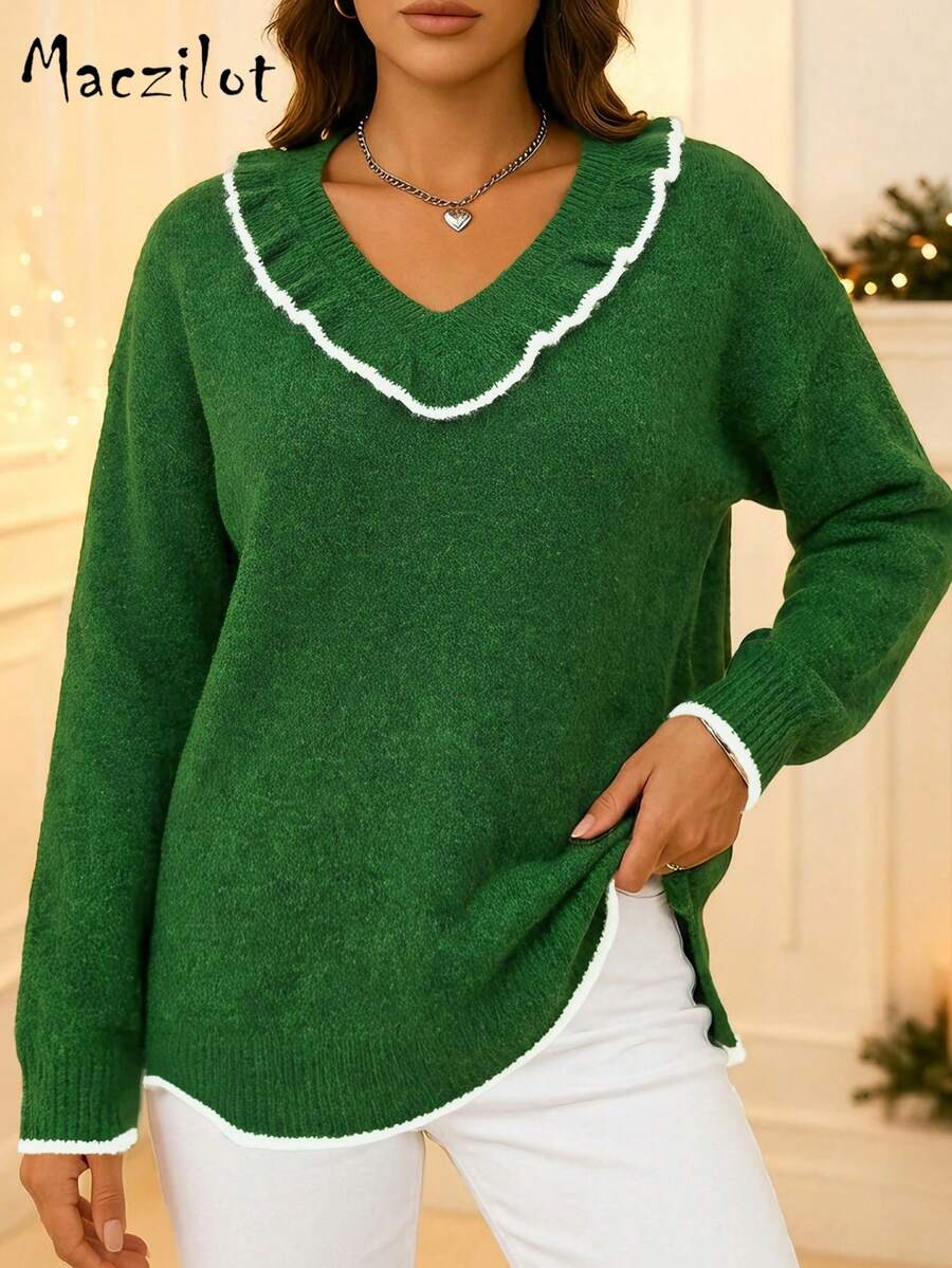 Plus Size Women's Autumn/Winter V-Neck Ruffle Collar Pullover Sweater, Contrast Trim Elegant Knit Top, Suitable For Commute And Date - Dark Green - View 1