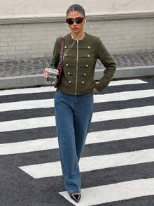 Fashion Green Winteroutfits Knitted Cardigan, Women's, Long Sleeve Military Style, Gold Buttons, Casual Fashion Jacket, Suitable For Autumn/Winter Wear - Army Green - View 7