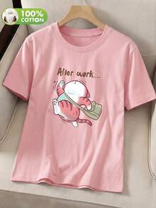 Women's Casual Fat Cat Print Crew Neck Short Sleeve T-Shirt, Everyday After-Work Top For Spring/Autumn/Summer - Pink - View 6