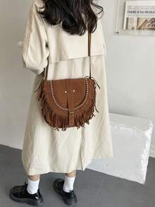 Faux Suede Tassel Bag Vintage Brown Retro Versatile Bohemian Crossbody Bag - Brown - View 9