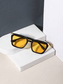 RENNES 1pc Men Retro Square Fashionglasses, Gold Inlay Decor Durable Light-Tinted PC Lenses, Stylish Design Eyewear For Travel Driving Vacation - Multicolor - View 3