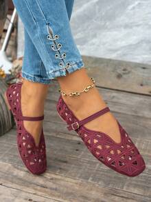 1 Pair Solid Color Sports Hook & Loop Women's Flat Shoes, Suitable For All Seasons And Holidays - Burgundy - View 4