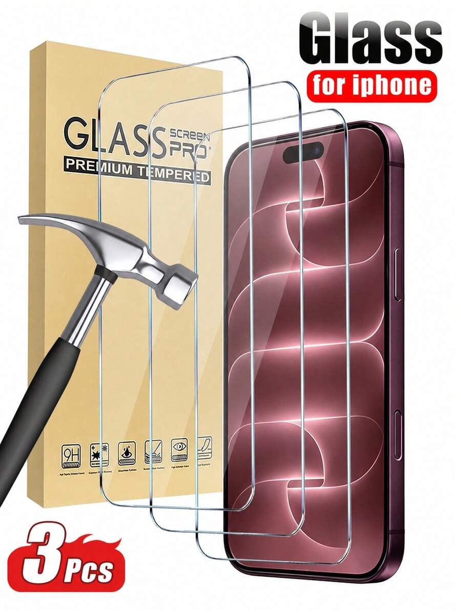 3pcs Full Coverage Tempered Glass Screen Protector, Anti-Collision Anti-Scratch, Smooth Surface, Easy Installation, Crystal Clear, Smooth Touch, 9H Hardness, Suitable For Phone Case, Compatible With Iphone Ultra/18 Pro Max/18 Pro/18/17e/17 Pro Max/17 Pro/17 Air/17/16 Pro Max/16 Pro/16 Plus/16/15 Pro Max/15/14/13/12/11 And Other Models, Compatible With Iphone Screen Protector - Clear - View 1