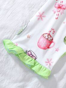 2pcs/Set Christmas Children's Short Sleeve Pajama Set, Flame Retardant Fabric, Cartoon Santa Claus Print Pattern, Green Ruffle Trim Design On Cuffs, Hem And Pockets, Lapel Short Sleeve Cardigan And Long Pants Set, Suitable For All Seasons, Home Wear, Comfortable And Loose, Girls Middle And Big Tween Girl - White - View 10