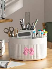 Desktop 360 Degree Rotating Multifunctional Storage Box With Bow Decoration, Pen Holder For Cosmetics, Makeup Brushes, Eyebrow Pencils, Desk Organizer With 5 Compartments - Multi-Functional Pencil, Marker, Scissors And Stationery Storage Rack, Suitable For Office, Vanity, Dorm, Classroom, Christmas Gift, Birthday Gift, Holiday Essential, Home - Multicolor - View 7