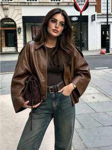 Women's Short Brown PU Leather Jacket, Loose Batwing Long Sleeve Lapel Coat With Elastic Hem - Brown - View 2