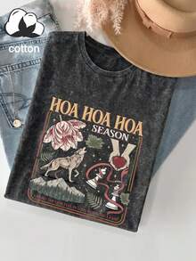 Plus Size Women's Daily Twilight Wolf & Floral Print Crew Neck Short Sleeve Casual T-Shirt Top, Spring Summer Autumn Vacation Outfit Black - Black - View 1
