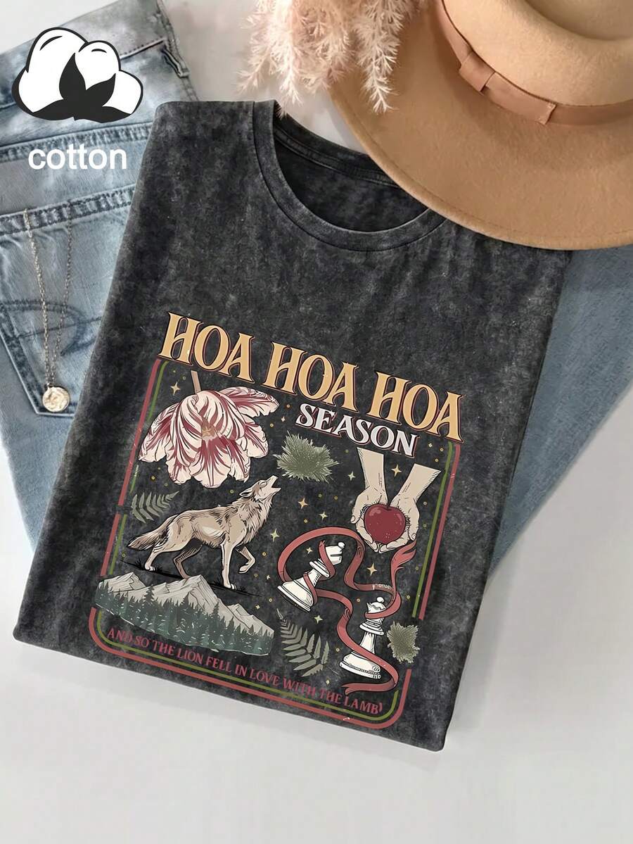 Plus Size Women's Daily Twilight Wolf & Floral Print Crew Neck Short Sleeve Casual T-Shirt Top, Spring Summer Autumn Vacation Outfit Black - Black - View 1