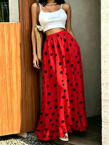 Pakaian Wanita Ukuran Besar Motif Polkadot Vintage, Desain Retro Menarik Perhatian, Pinggang Tinggi Elastisitas Rendah, Nyaman Tidak Ketat, Lembut di Kulit dan Nyaman - Merah - View 2