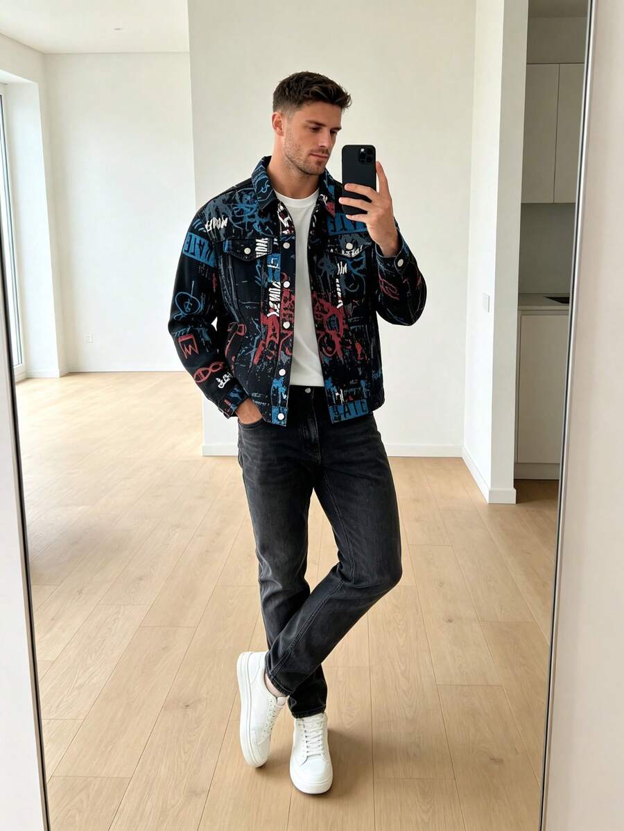Men's Black Graffiti Print Denim Jacket, Full-Frame Street Art Pattern, Button Front, Flap Pockets, Non-Stretch Hip-Hop Urban Street Style Outerwear - Black - View 1