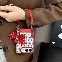 keshengtai PU Leather Heart Pattern Phone Case, With A Bow Pendant And A Silicone Wrist Strap, Hard PC Back Plate Protective Phone Cover, Compatible With IPhone Duo - A - View 5